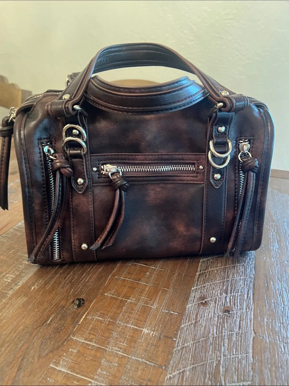Made in NYC Distressed Brown Crossbody Satchel - Picture 3 of 10